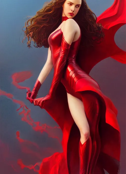 Prompt: Scarlet Witch, full body portrait,slight smile, highly detailed, digital painting, artstation, concept art, sharp focus, illustration, art by wlop and J. C. Leyendecker and Edmund Bliar Leighton and Charlie Bowater