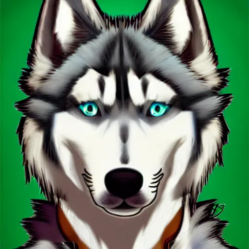 Prompt: furry anthro husky with scene - style hair, the hair has green highlights, style of milesdf, stylized, drawn