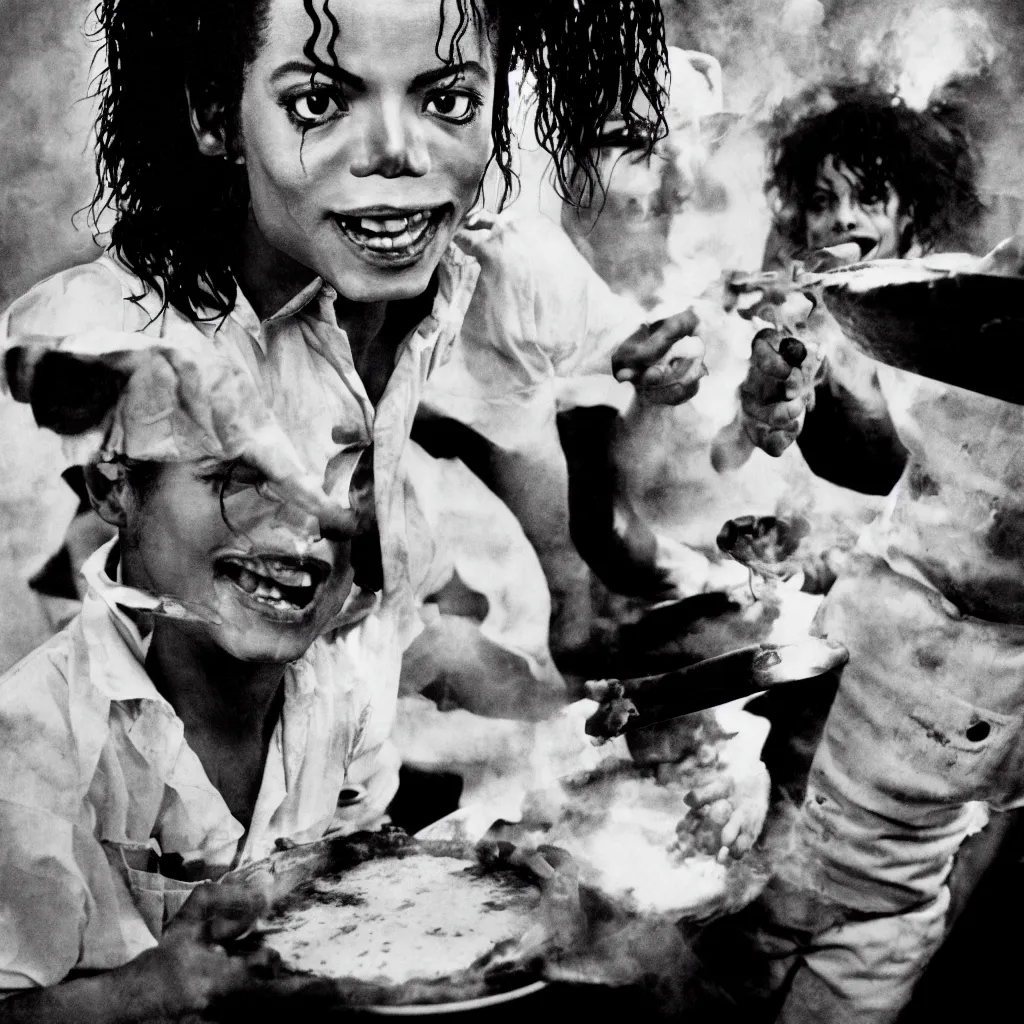 Image similar to award winning photo of michael jackson baking pizza from children, vivid colors, happy, symmetrical face, beautiful eyes, studio lighting, wide shot art by Sally Mann & Arnold Newman