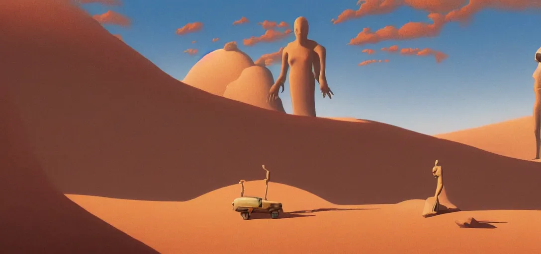 Image similar to desert with alien made statue, illustrated, epic composistion, moebius, edward hopper and james gilleard, zdzislaw beksinski, steven outram, volumetric lighting, surreal flat colors, concept art