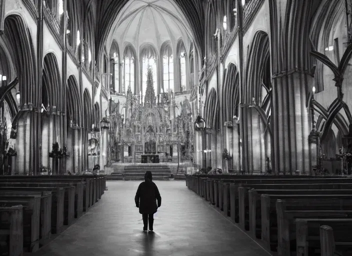 Prompt: cinematic shot inside an cathedral, ambient green light, medium fog, shadowy figures performing a ritual, eerie