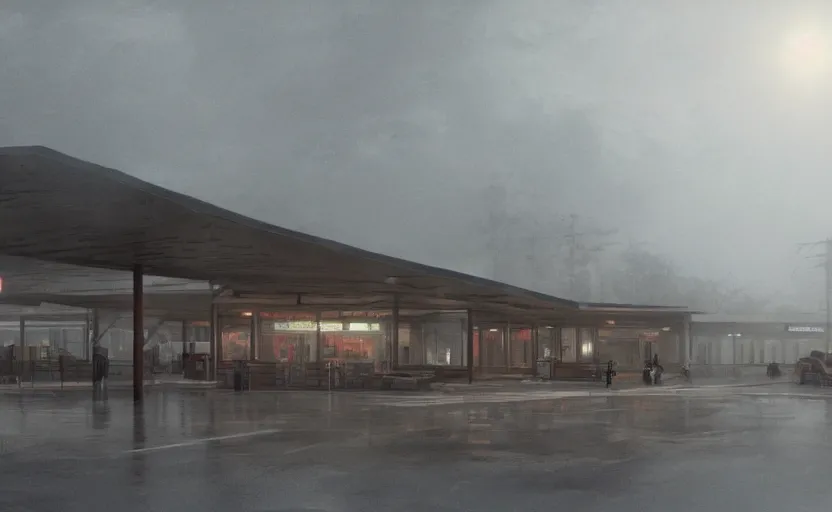 Image similar to a strange exterior of the port byron travel plaza in upstate new york, moody scene directed by charlie kaufman ( 2 0 0 1 ) anamorphic lenses, foggy volumetric light morning, cinematic trending on artstation in the style of greg rutkowski