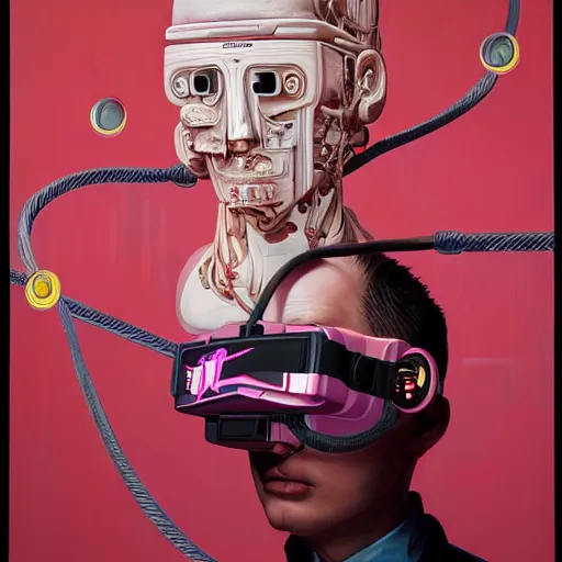 Image similar to Tristan Eaton & Greg Rutkowski, award winning masterpiece with incredible details, Zhang Kechun, a surreal vaporwave vaporwave vaporwave vaporwave vaporwave painting by Thomas Cole of an old pink mannequin head wearing VR goggles with cables and wires coming out of it's neck, highly detailed