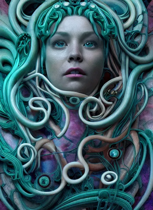 Image similar to biomechanical medusa made of soft wax, wooden art nouveau swirls, strong subsurface scattering, cables, tubes, subsurface scattering, in the style of ruan jia and beeple and giger, subsurface scattering, mystical colors, rim light, dramatic lighting, 8 k, stunning scene, raytracing, octane render, trending on artstation