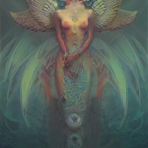 Image similar to wet plate photography of goddess with one wing reaching infinity and hungry souls around by Klimt, Artificial Nightmares drawn by Peter Mohrbacher, Zdzisław Beksiński and thu berchs James Gurney unreal engine octane, Trending on artstation