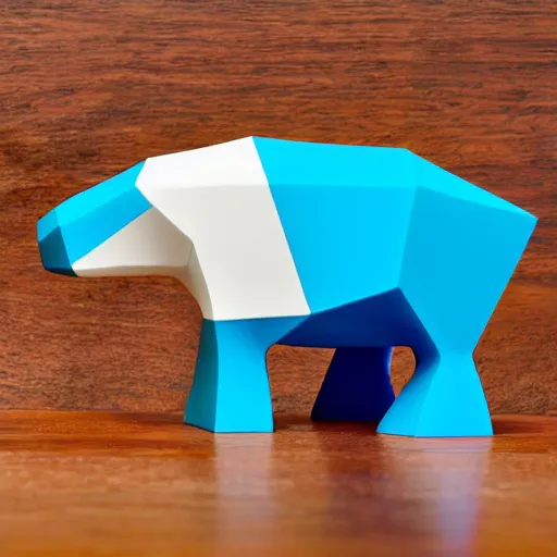 Image similar to a beautiful minimalist curvy shaped small sculpture of hippopotamus!!!, ( ( wood ) ) and ( ( blue epoxy ) ) on top mix, cubic blocks stripes cuts, side view profile centered, studio, design