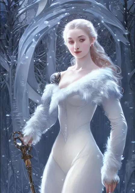 Image similar to sansa snow queen furry ice cold winter, intricate, elegant, highly detailed, digital painting, artstation, concept art, smooth, sharp focus, illustration, art by artgerm and greg rutkowski and alphonse mucha and william - adolphe bouguereau