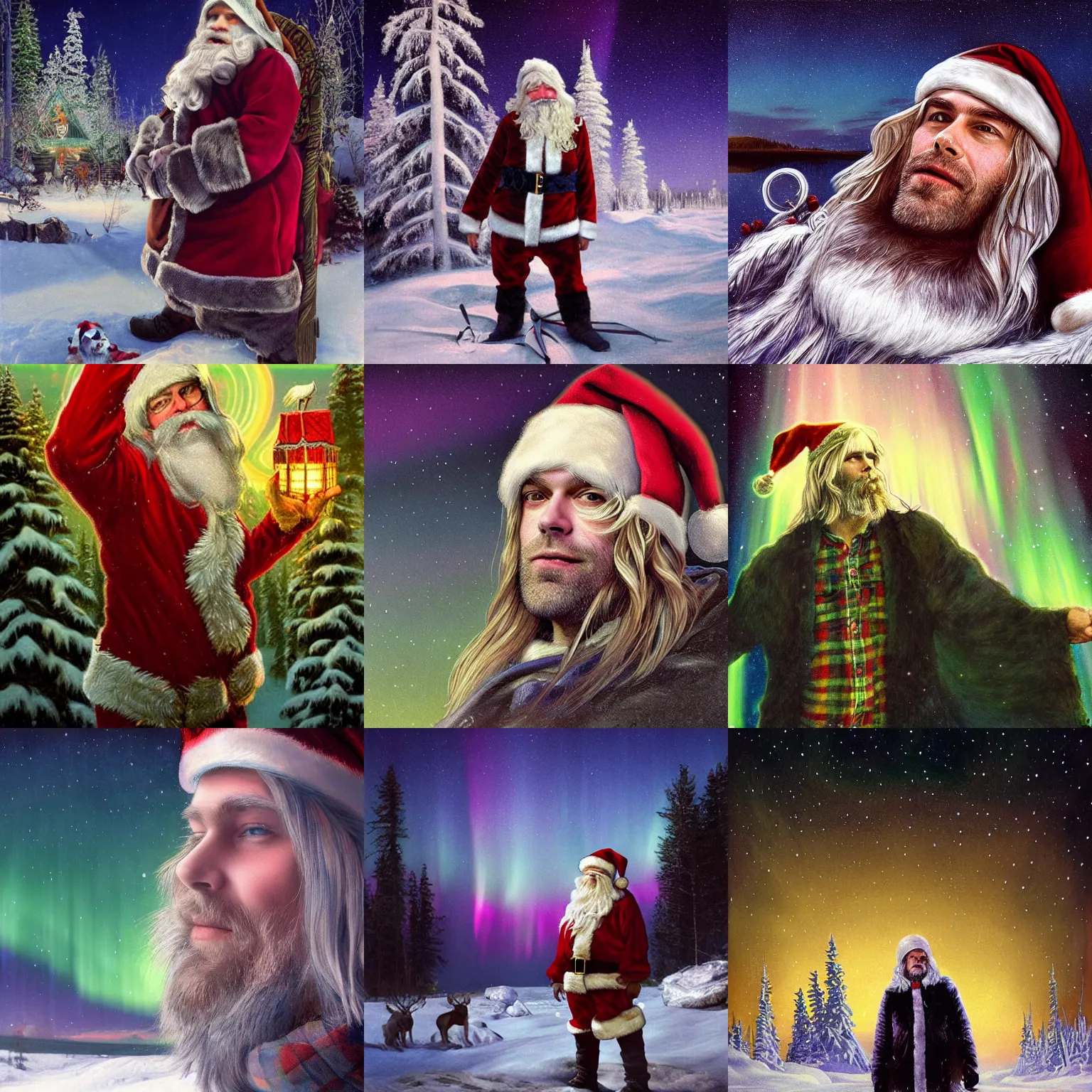 Prompt: Kurt Cobain as Santa Claus in Finnish Lapland under aurora borealis sky, unreal, intricate, elegant, dramatic, highly detailed, photorealistic, digital painting, painterly, artstation, concept art, smooth, sharp focus, art by John Collier and Krenz Cushart and Artem Demura and Alphonse Mucha and Albert Aublet