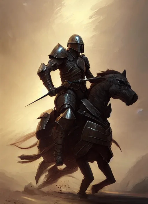 Image similar to epic war commander with armored helmet holding two gigantic sword and riding a standing horse while attacking enemies. highly detailed, digital painting, concept art, smooth, sharp focus, illustration, art by greg rutkowski