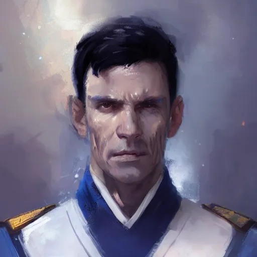 Image similar to portrait of a man by greg rutkowski, blue skin, short black hair in military style, tall, star wars expanded, universe, he is about 5 0 years old, wearing white colored imperial admiral uniform, artstation hq