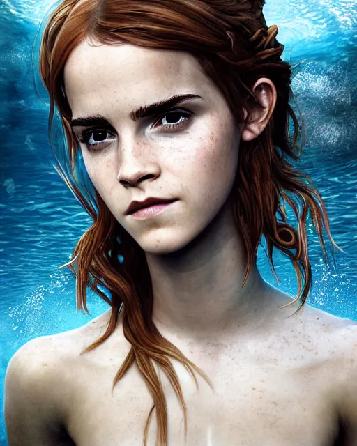 Image similar to underwater pirate portrait of emma watson, au naturel, hyper detailed, digital art, trending in artstation, cinematic lighting, studio quality, smooth render, unreal engine 5 rendered, octane rendered, art style by klimt and nixeu and ian sprigger and wlop and krenz cushart.