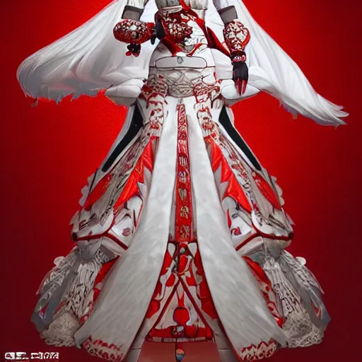 Image similar to albino maiko in a ornated armor preparing for war, full body, dynamic pose, red and white neon, concept art, intricate details, highly professionally detailed, cgsociety, highly detailed -