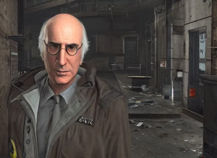 Image similar to video game still of larry david in the video game resident evil 2,