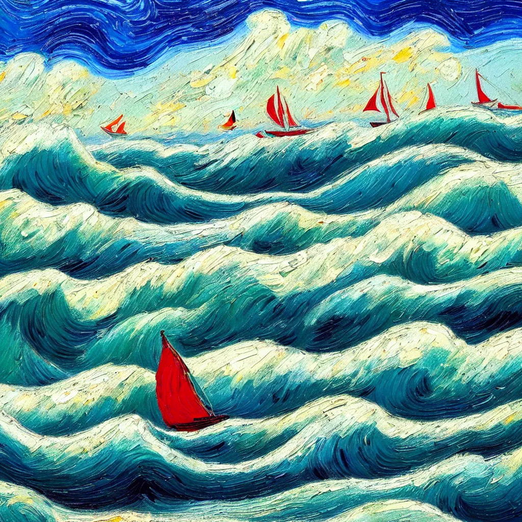 Image similar to Giant threatening beautiful Rolling waves, with a distant, red sailed yacht in the style of Jackson Pollack and painted in a style of painting similar to Van Gogh but more impasto and less hatching
