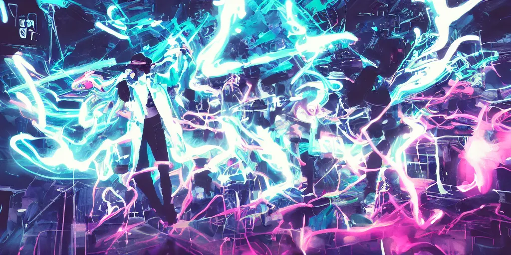 Prompt: Lightning rap battle, silhouettes, digital art, vapor wave, hip hop, graffiti, trending on Artstation, professional artist, detailed, 4k