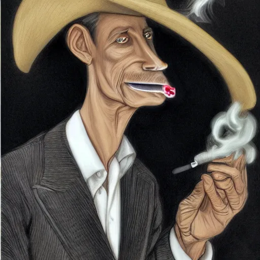 Prompt: Portrait of an anthropomorphic White Greyhound Mafia Don wearing a black fedora hat and holding a smoking cigar in a smoky room. Very high quality. Drawn by James Christensen