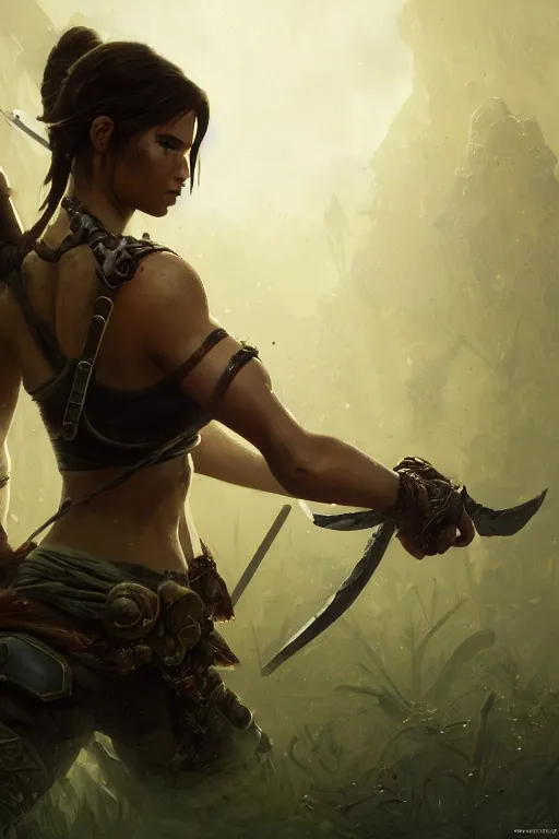 Image similar to lara croft, legendary warrior, heroic fighter, world of warcraft, decorative ornaments, battle armor, by carl spitzweg, ismail inceoglu, vdragan bibin, hans thoma, greg rutkowski, alexandros pyromallis, perfect face, sharply focused, sharply detailed, centered, rule of thirds, realistic shading