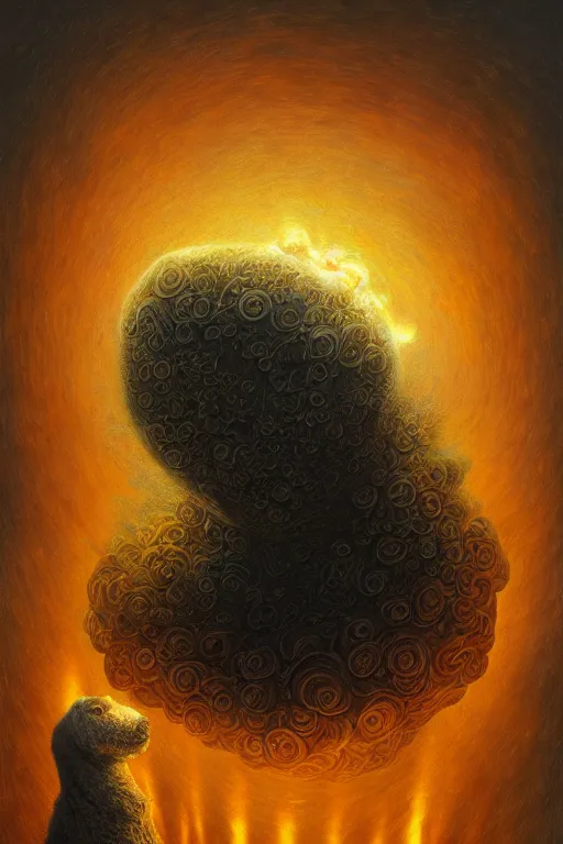 Prompt: Intricate stunning highly detailed sentient hot dog by agostino arrivabene and Vladimir Kush, surreal, digital painting, ultra realistic, Horror vacui, dramatic lighting, full moon, thick black swirling smoke tornado, burning fire embers, artstation