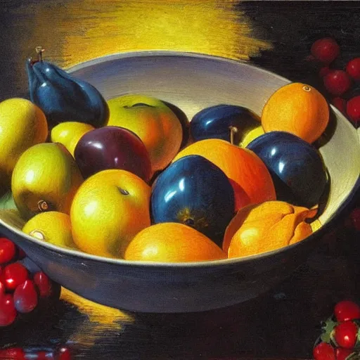 Image similar to in the style of Vincent Di Fate and Chris Moore, a bowl of fruits, very highly detailed, 8k, wallpaper