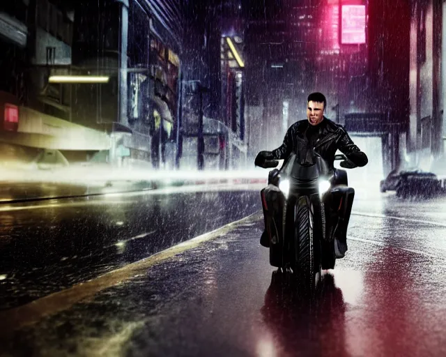 Prompt: beautiful Product shot film still of a blade runner futuristic modern electric tron style motorcycle speeding down a wet street at night in cyperpunk city, motion, hard surface modeling, blade runner, octane, Ian Callum, Giorgetto Giugiaro, Leonardo Fioravanti , low polygon, chrome, trending on artstation, art by Karol Bak, Karol bak pastiche by Peter Mohrbacher, unreal, redshift, 3d model, 8k