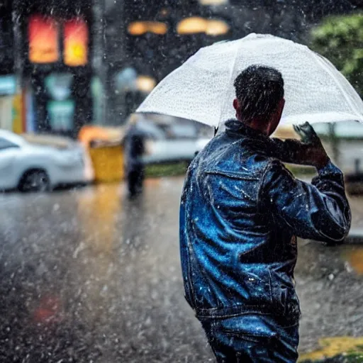 Image similar to man standing outside, drinking a canned beer, it is raining and he has no shelter so he gets soaked.