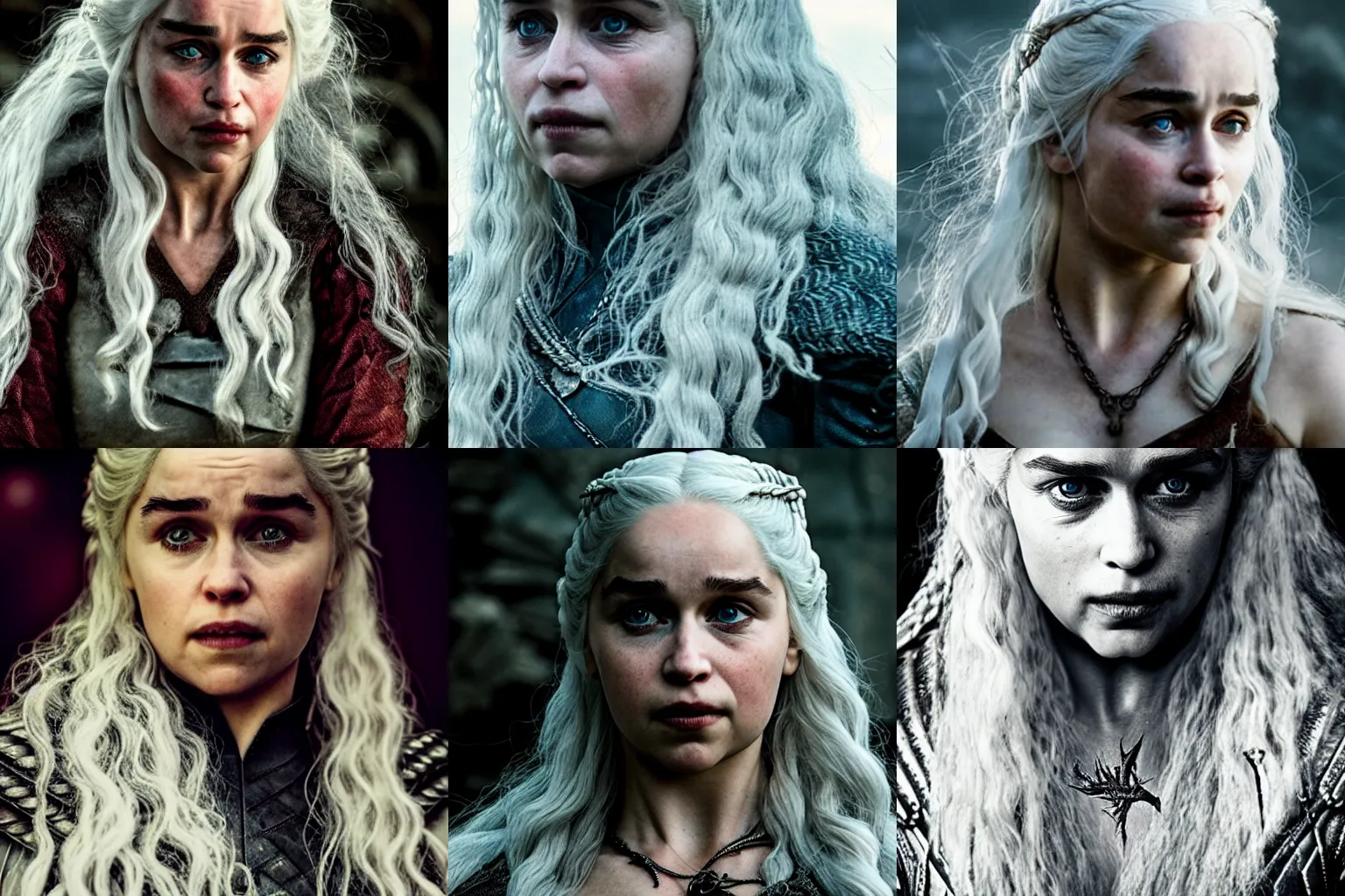 Prompt: daenerys targaryen as the witcher, gritty portrait, film still