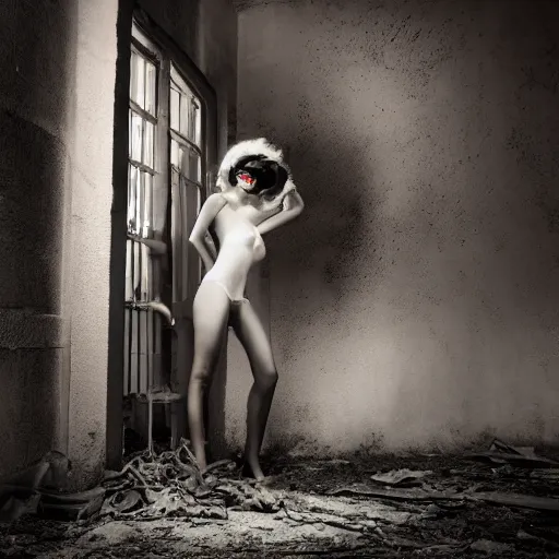 Prompt: medium format photograph of a surreal fashion shoot in an abandoned building, camera flash, night