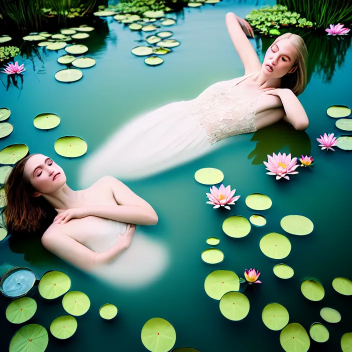 Image similar to Kodak Portra 400, 8K, soft light, volumetric lighting, highly detailed, britt marling style 3/4 of a woman floating in water surrounded by lily pads, half face in the water, julie dillon, a beautiful lace dress and hair are intricate with highly detailed realistic beautiful flowers , Realistic, Refined, Highly Detailed, natural outdoor soft pastel lighting colors scheme, outdoor fine art photography, Hyper realistic, photo realistic