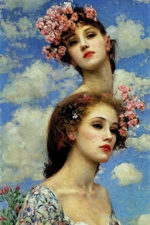 Image similar to close - up fashion woman portrait airy flowers cloudy sky art by vasnetsov