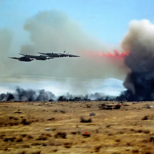 Prompt: Military battle, big explosions in the background, Lake California, Battlefield, war-torn landscape, fire, USAF Bombers, military, Battlezone