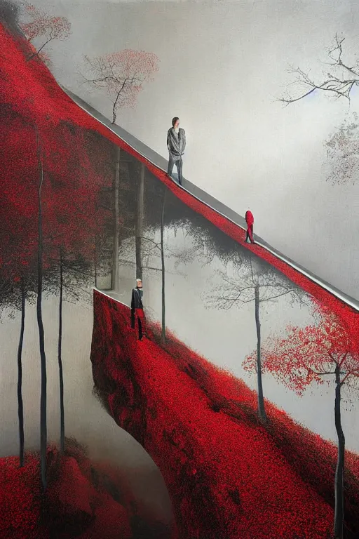 Image similar to immaculate painting of A Beautiful fine detailed gold and red and black Forest Illusion by erik johansson micro detailing