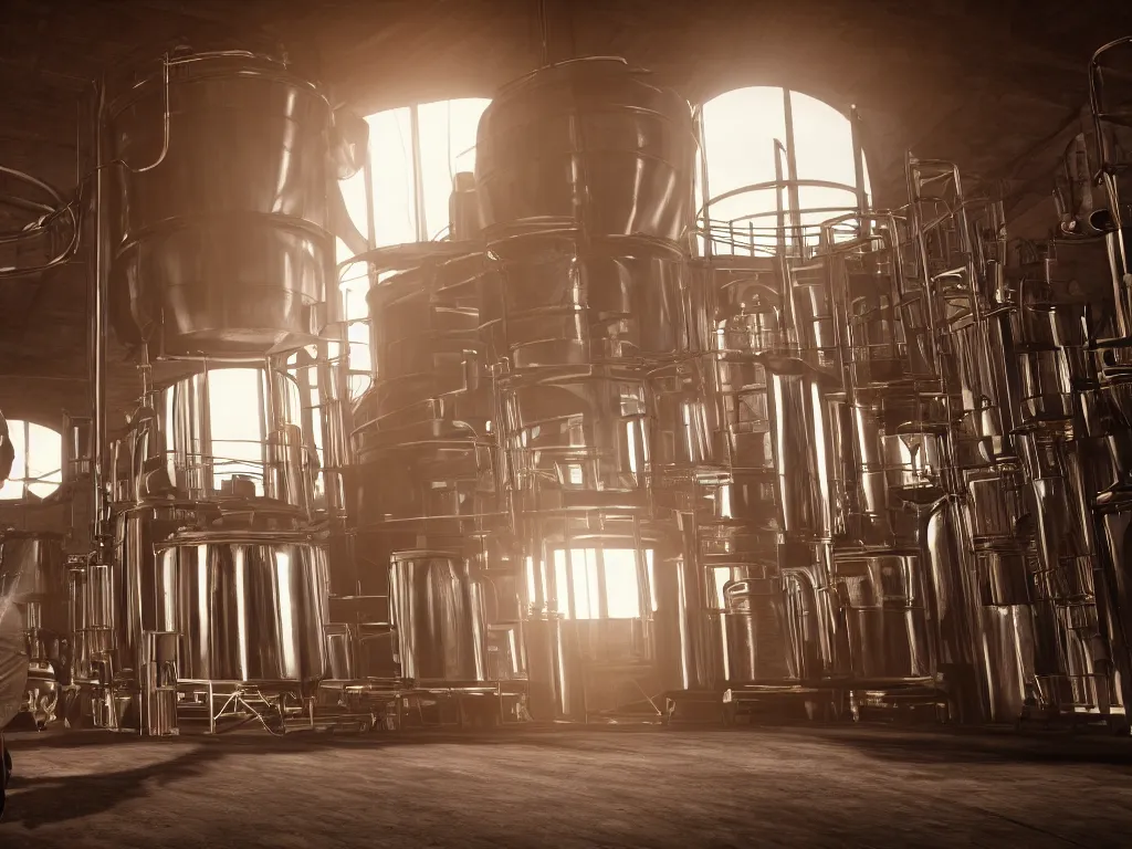 Image similar to sitting on a small wooden stool a large man sips a tiny tumbler of whisky in a whisky factory with barrels stacked up to the sealing. beautiful atmospheric lighting, sunlight beaming through open windows, small dust particles in the air. unreal engine 5, v - ray, 8 k, ultra hd, god rays.