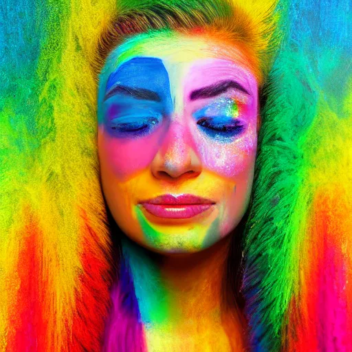 Image similar to woman crying rainbow paint, photography, ultra realistic, highly detailed, 8 k