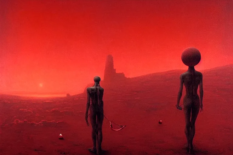 Image similar to only with red, a red god of death eat apple, a futuristic city on mars in background, an ancient path, pathos, in the style of beksinski, part by hopper, part by rodcenko, part by hofbauer, intricate composition, red by caravaggio, insanely quality, highly detailed, masterpiece, red light, artstation