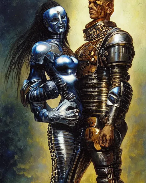 Image similar to a painting of a man in armor holding a woman, cyberpunk art by greg staples and by thomas blackshear and by michael whelan, cgsociety, fantasy art, dystopian art, androgynous, poster art