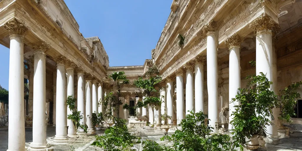 Image similar to grand roman palace, palatial, lush potted vegetation, painted statues, white columns