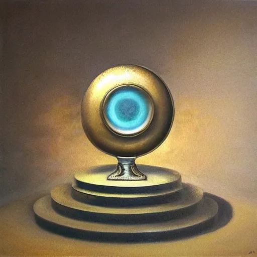 Image similar to in the center lays an ancient chromed artifact in the shape of a heavy signet ring, ornate with gentle iridescent shine from within. the ring lays on top of a pedestal. the pedestal is in front of a dark misty balcony at night. perspective from the side. realistic light and shadows. moody fantasy art, table still masterpiece life renaissance pastel painting.