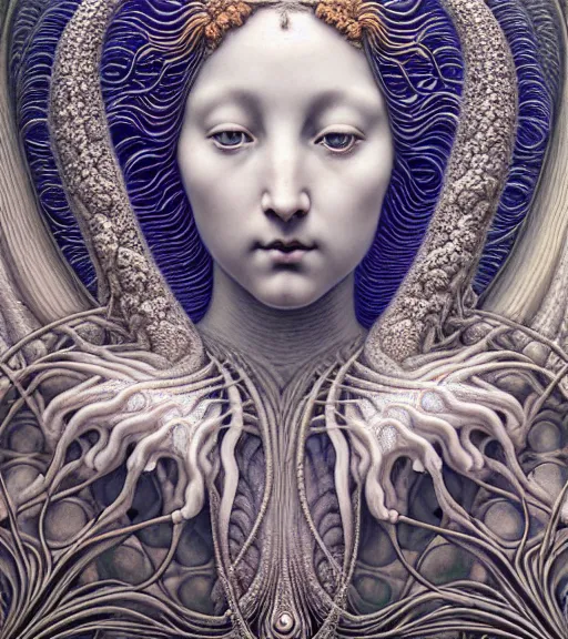 Prompt: detailed realistic beautiful porcelain moon goddess portrait by jean delville, gustave dore, iris van herpen and marco mazzoni, art forms of nature by ernst haeckel, art nouveau, symbolist, visionary, gothic, neo - gothic, pre - raphaelite, fractal lace, intricate alien botanicals, ai biodiversity, surreality, hyperdetailed ultrasharp octane render