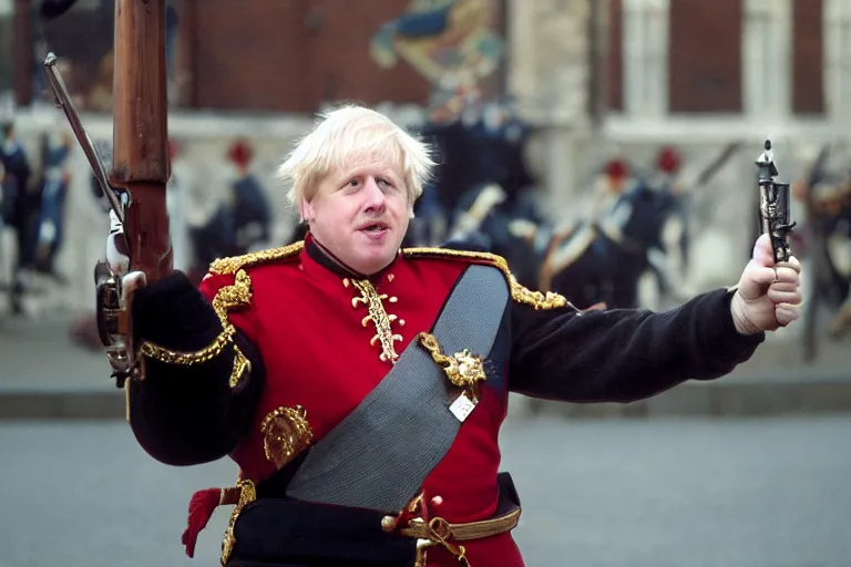 Image similar to closeup portrait of boris johnson dressed as a queen's guard firing a musket in a london street, natural light, sharp, detailed face, magazine, press, photo, steve mccurry, david lazar, canon, nikon, focus