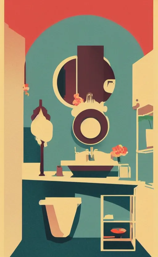 Image similar to illustration with a set of beautiful scented candles with bathroom interior on the background, an art deco painting by tom whalen, trending on behance, art deco, digital illustration, storybook illustration, grainy texture, flat shading, vector art, airbrush, pastel, watercolor, poster