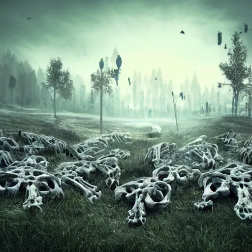 Prompt: A realistic detailed photo of a pile of bones, big skulls, covered sky, piles of bones in the background, skeletons, fog, foggy landscape, light particles, detailed light, realistic shaders, trending on artisation, detailed textures, detailed, realistic.