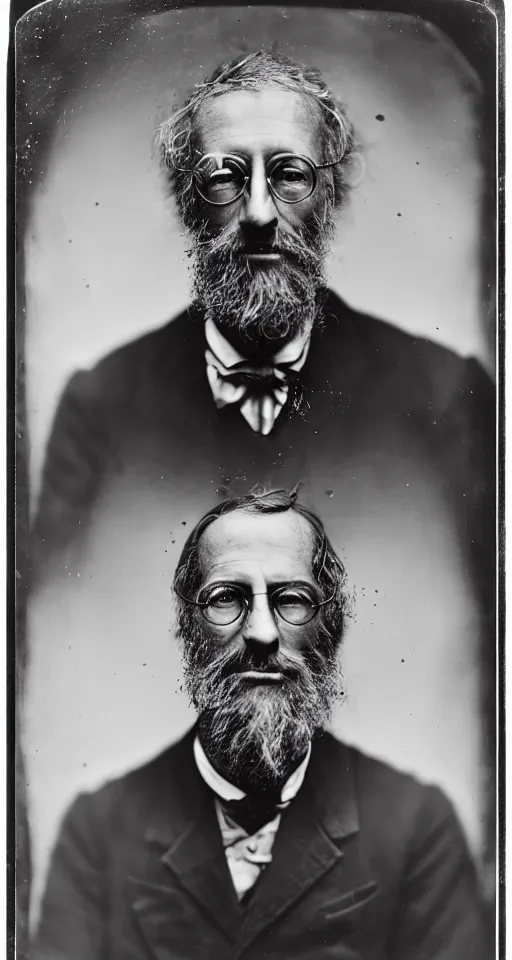 Prompt: a wet plate photograph, a portrait of a 50-year-old scientist