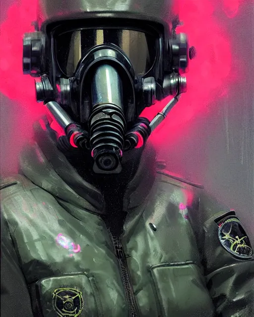 Prompt: detailed portrait neon female swat officer flying a fighter jet, cyberpunk futuristic, neon, gas mask, reflective puffy coat, decorated with traditional japanese by ismail inceoglu dragan bibin hans thoma greg rutkowski alexandros pyromallis nekro rene margitte, fire & smoke, illustrated, perfect face, fine details, realistic shaded, fine - face, pretty face