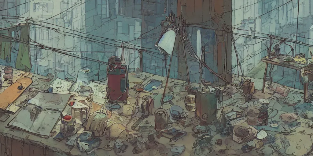 Prompt: a film still from Tekkonkinkreet by Ian McQue , close-up POV from balcony with washing line and clothing, table with a soda can beside a radio, a chair beside the table, chipped floor tiles, dusty, intimate, bits of broken light, hazy atmosphere, vibrant, 50mm lens, video game character and environment design, 2d game lineart behance hd, studio, dramatic lighting, cinematic, global illumination, trending on Artstation, bloom