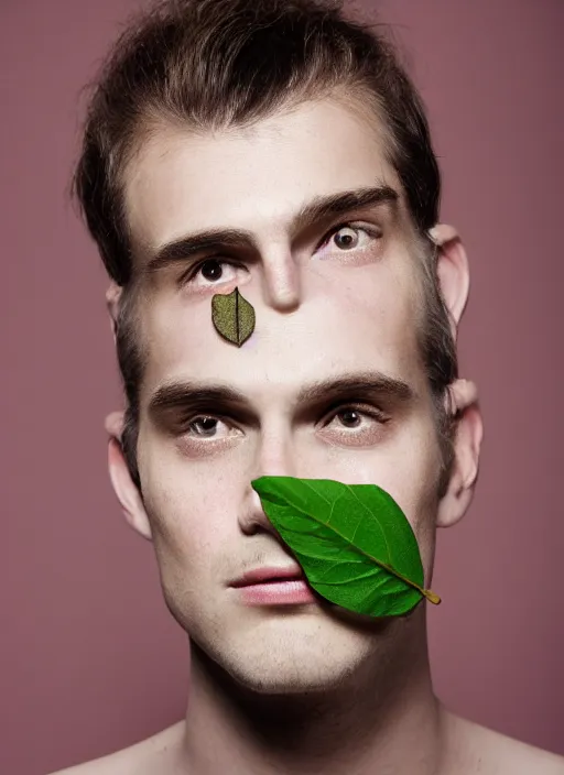 Image similar to a fashion portrait photograph of a man with a leaf on his face designed by stanley kubric, pastel colors, 3 5 mm, color film camera, studio lighting, pentax