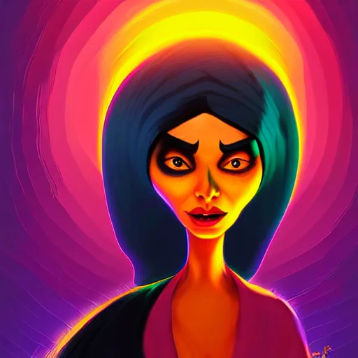 Image similar to curled perspective digital art of a dark hair woman wearing arafat arab scarf by anton fadeev from nightmare before christmas