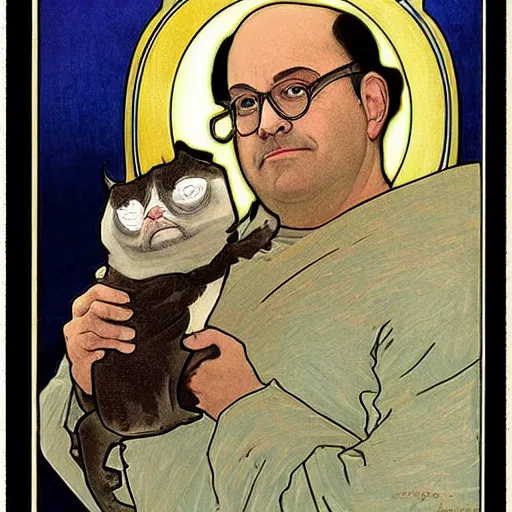 Prompt: “ george costanza from seinfeld holding grumpy cat aloft, halo, art nouveau, by alphonse mucha ”