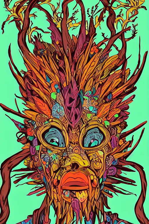 Image similar to animal mask totem roots flower tribal feather gemstone plant wood rock shaman vodoo video game vector cutout illustration vivid multicolor borderlands comics by josan gonzales and dan mumford radiating a glowing aura