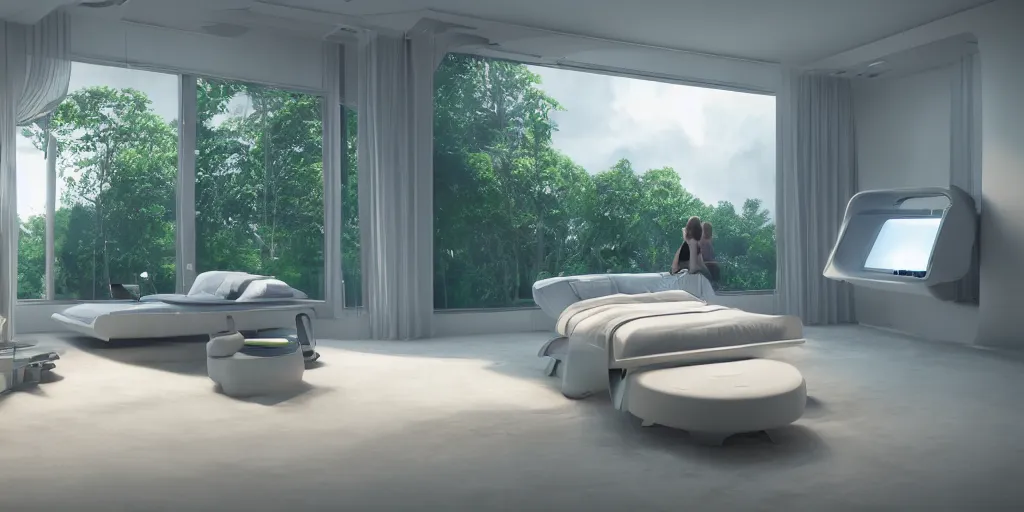 Image similar to a futuristic bed in the foreground of a futuristic minimalistic room with a huge window overlooking an lush green verdant alien planet, photorealistic, cinematic, octane render by oblivion movie thom tenery and dieter rams