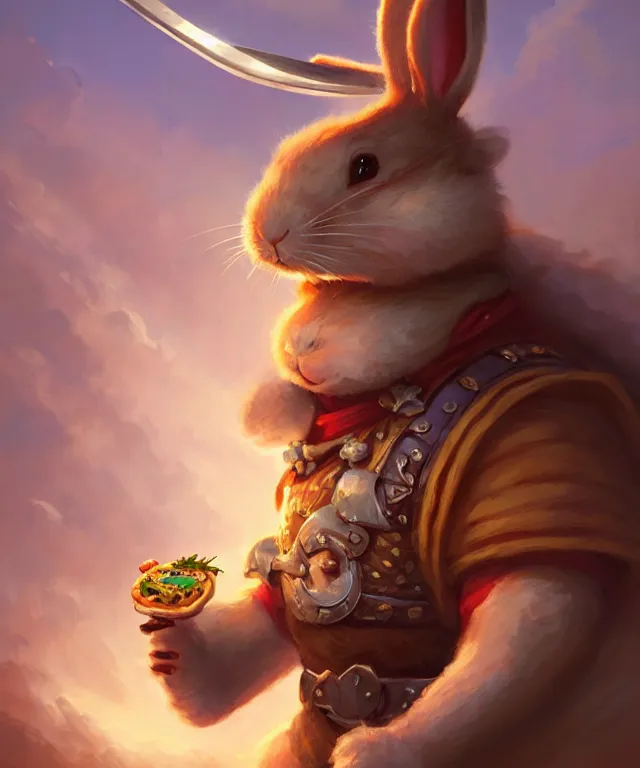 Image similar to a portrait an anthropomorphic rabbit samurai eating pizza, landscape in background, cute and adorable, dnd character art portrait, well rendered matte fantasy painting, deviantart artstation, by jason felix by steve argyle by tyler jacobson by peter mohrbacher, cinematic lighting